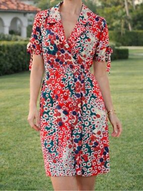 Sugarlips Red Floral Wrap Dress with Green Accents